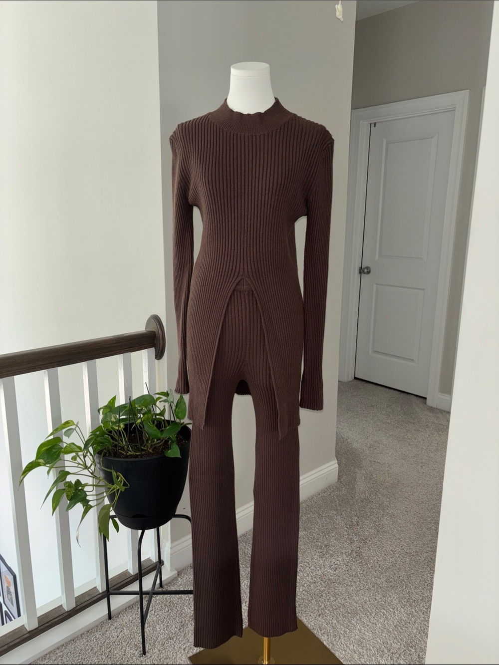 Ribbed Knit Two-Piece Set in Chocolate Brown